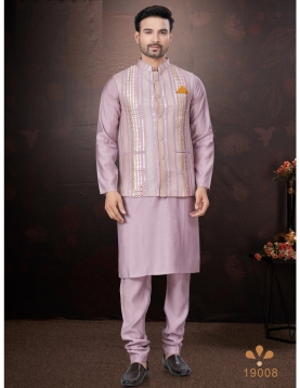 Men's Pink Kurta Pajama Set with Mirror and Embroidered Work Jacket