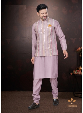 Men's Pink Kurta Pajama Set with Mirror and Embroidered Work Jacket