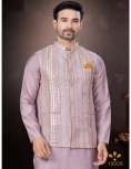 Men's Pink Kurta Pajama Set with Mirror and Embroidered Work Jacket