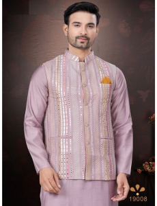 Men's Pink Kurta Pajama Set with Mirror and Embroidered Work Jacket