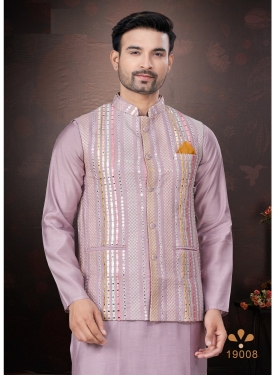 Men's Pink Kurta Pajama Set with Mirror and Embroidered Work Jacket