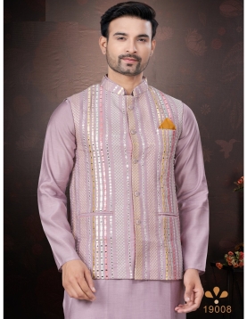 Men's Pink Kurta Pajama Set with Mirror and Embroidered Work Jacket