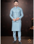 Men's Sky Blue Kurta Pajama Set with Mirror and Embroidered Work Jacket