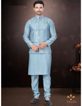 Men's Sky Blue Kurta Pajama Set with Mirror and Embroidered Work Jacket