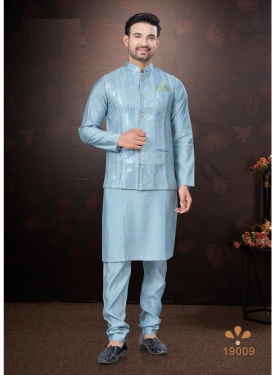 Men's Sky Blue Kurta Pajama Set with Mirror and Embroidered Work Jacket