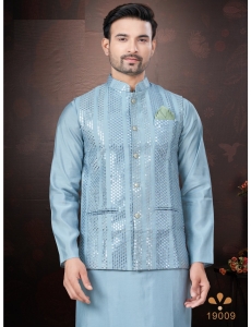Men's Sky Blue Kurta Pajama Set with Mirror and Embroidered Work Jacket