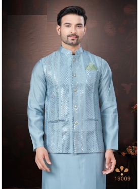 Men's Sky Blue Kurta Pajama Set with Mirror and Embroidered Work Jacket