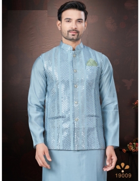 Men's Sky Blue Kurta Pajama Set with Mirror and Embroidered Work Jacket