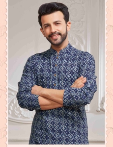 Mens Printed Cotton Kurta in Blue