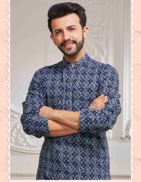 Mens Printed Cotton Kurta in Blue