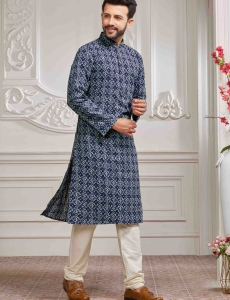 Mens Printed Cotton Kurta in Blue