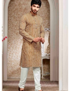 Mens Printed Cotton Kurta in Rust