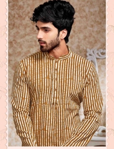 Mens Printed Cotton Kurta in Rust