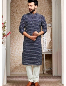 Navy Blue Cotton Floral Print Kurta