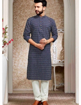 Navy Blue Cotton Floral Print Kurta