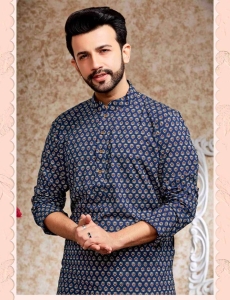 Navy Blue Cotton Floral Print Kurta