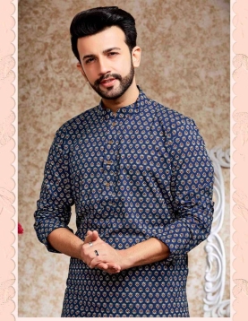 Navy Blue Cotton Floral Print Kurta