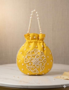 Yellow Pearl Work Potli Bag