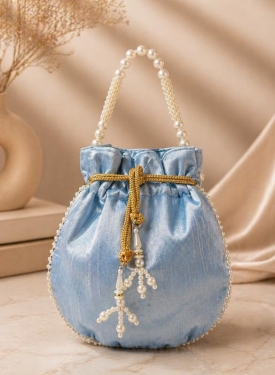 Powder Blue Pearl Work Potli Bag