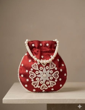 Maroon Pearl Work Potli Bag
