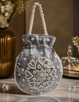 Grey Pearl Work Potli Bag
