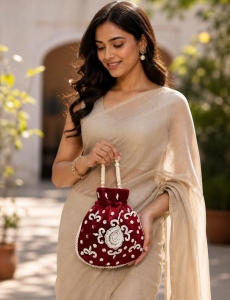 Maroon Art Silk Pearl Work Potli Bag