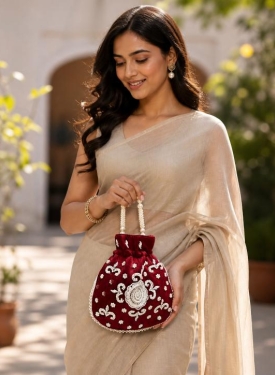 Maroon Art Silk Pearl Work Potli Bag