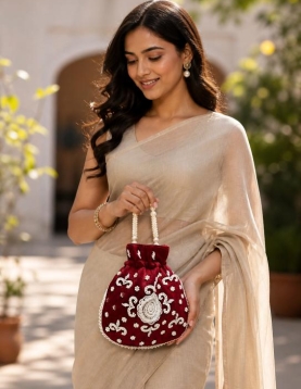 Maroon Art Silk Pearl Work Potli Bag
