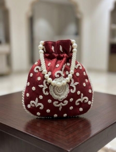 Maroon Art Silk Pearl Work Potli Bag