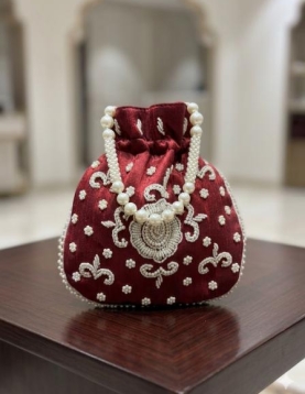 Maroon Art Silk Pearl Work Potli Bag