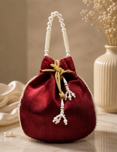 Maroon Art Silk Pearl Work Potli Bag