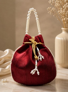Maroon Art Silk Pearl Work Potli Bag