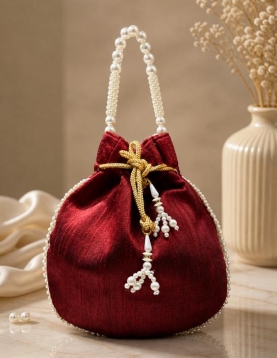 Maroon Art Silk Pearl Work Potli Bag