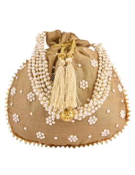 Dark Gold Art Silk Pearl Work Potli Bag