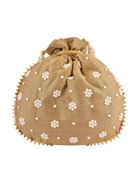 Dark Gold Art Silk Pearl Work Potli Bag