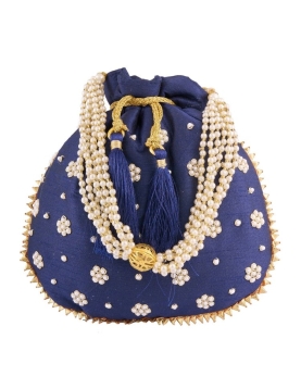 Navy Blue Art Silk Pearl Work Potli Bag
