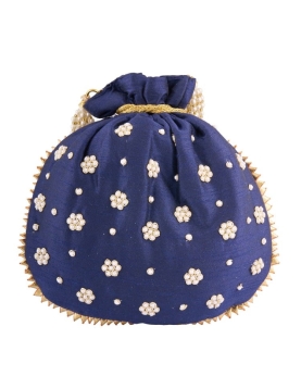 Navy Blue Art Silk Pearl Work Potli Bag