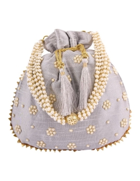 Grey Art Silk Pearl Work Potli Bag