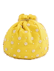 Yellow Art Silk Pearl Work Potli Bag