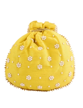 Yellow Art Silk Pearl Work Potli Bag