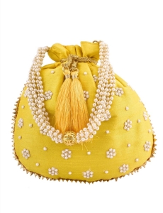 Yellow Art Silk Pearl Work Potli Bag