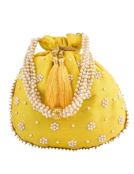 Yellow Art Silk Pearl Work Potli Bag