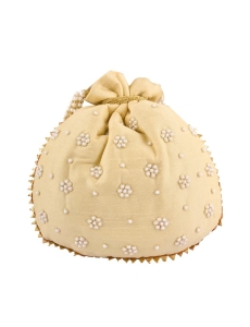 Beige Art Silk Pearl Work Potli Bag