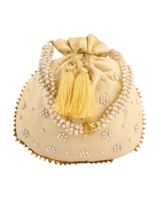 Beige Art Silk Pearl Work Potli Bag