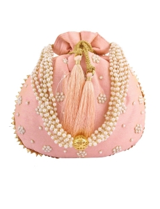 Peach Art Silk Pearl Work Potli Bag