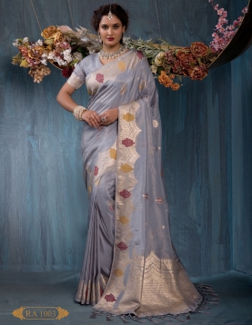 Steel Grey Jacquard Saree with Crimson Accent Motifs