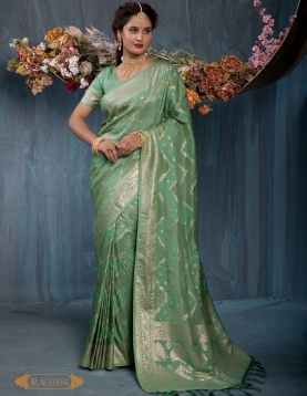 Seafoam Green Viscose Jacquard with Scalloped Zari Borders