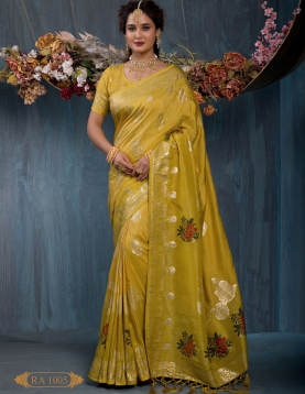 Radiant Mustard Viscose Jacquard Saree with Floral Butis