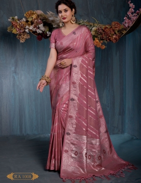 Rosewood Pink Jacquard Saree with Diagonal Stripe Weave