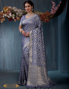 Dusty Blue Viscose Jacquard Saree with Silver Tilla Work